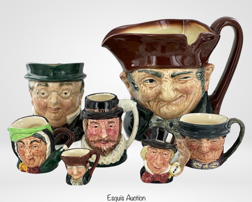 Royal Doulton Figural Character Toby Mugs/ Jugs: Royal Doulton Figural Character Toby Mugs/ Jugs including Old Charley, Mr. Pickwick, Sairey Gamp, Tony Weller, Mad Hatter, Old Charley. Come with Sir Walter Raleigh Toby Jug by Lancaster Sandland. 1 1