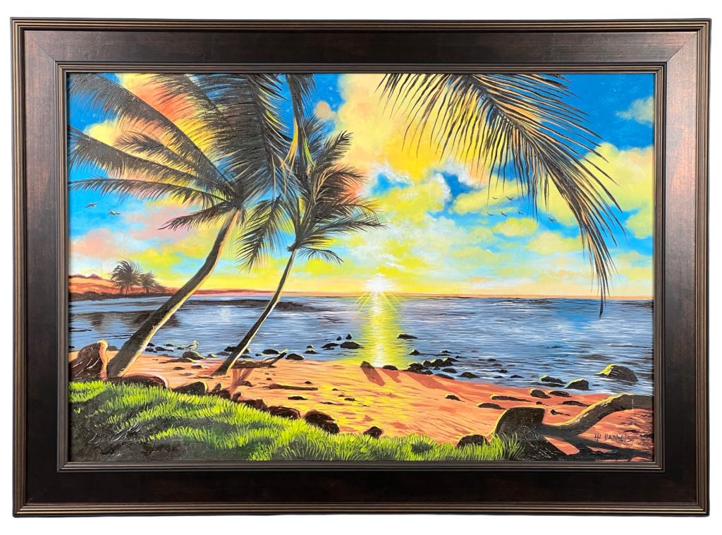 Willie Daniels- Florida Highwaymen Oil Painting: (in style??) Willie Daniels (1950-2021/ American).Florida Shoreline Seascape Oil on Canvas. Signed lower right corner. 42" x 30" framed. Good Condition.