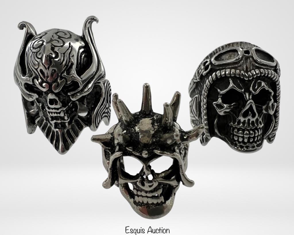 Lot of 3 Men's Ghost Rider Skull Biker Rings (1 of 7)