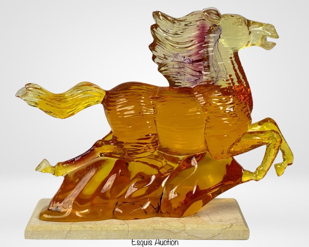 Amber Lucite/ Acrylic Signed Horse Sculpture: Amber Lucite/ Acrylic Horse Sculpture. 15" x 11 1/2" x 5". Signed on rear leg.God Condition.