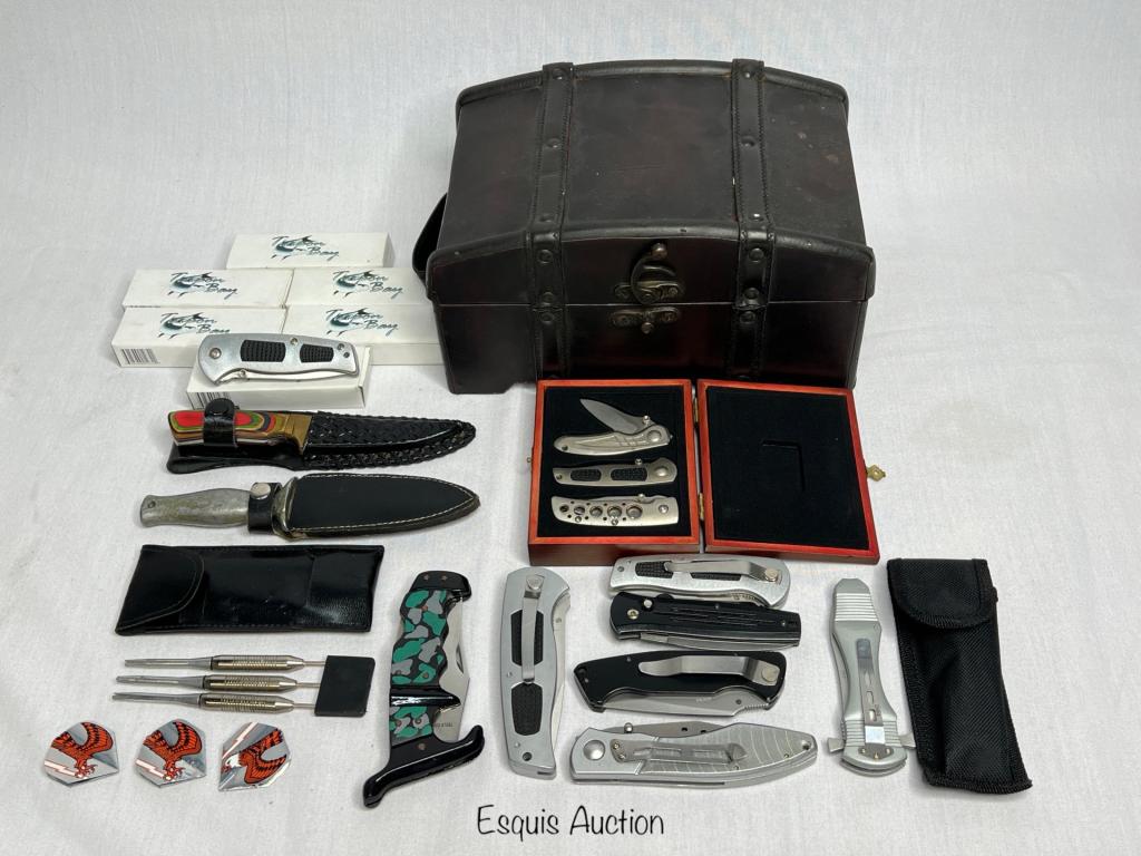Group of Pocket Knives in Chest: Chest with Pocket Knives and Darts Set.