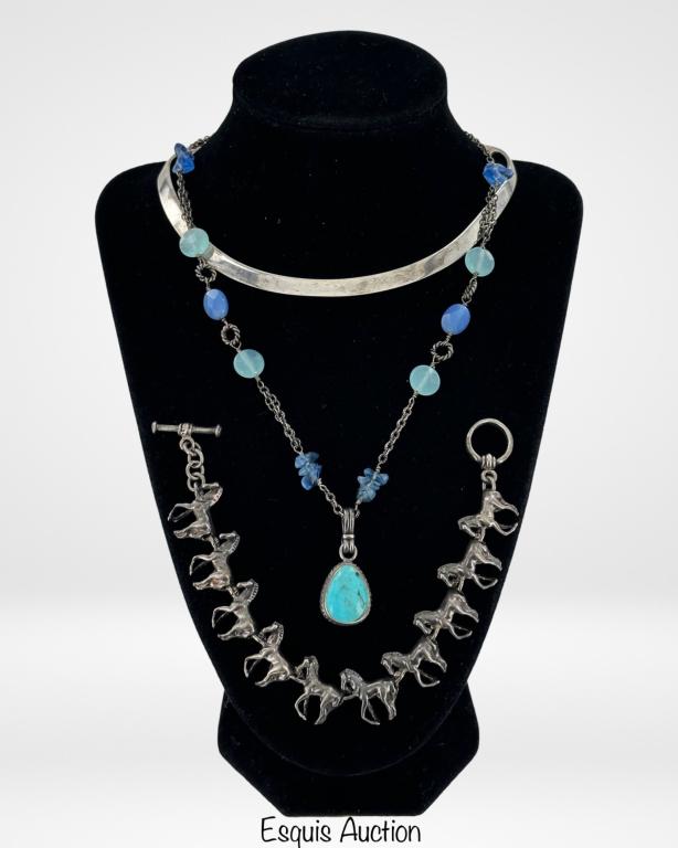 Sterling Silver Jewelry- Choker Necklace, Horse Br: Modern Ladies Sterling Silver Choker Necklace, Vintage Bracelet with Galloping Horses and Sterling Necklace with Turquoise Pendant. All are in good condition.