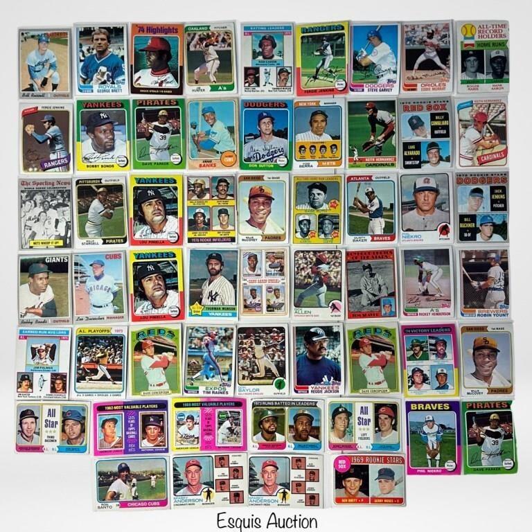 56 Hall Of Famers & Stars Baseball Cards: Lot of 56 Hall of Famers and Stars Cards. All in Sleeves. Includes cardsofThurman Munson, Mickey Mantle, Rickey Henderson, Sutton, Fergie Jenkins and Reggie Jackson, Many 2nd year cards and some Rooki