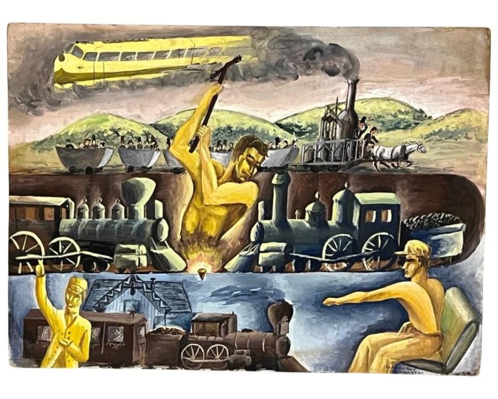 Corrie-Lou Livington 1954 Industrial Oil Painting: Corrie-Lou Livington (20th Century/ American). Oil on Board. Signed and dated 1954 ower right corner. Unframed. Measures 33" x 24"