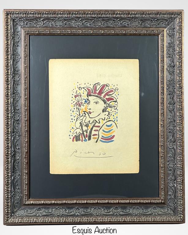 Pablo Picasso (in Style)- Carnaval Clown Drawing: Drawing on paper in style of Pablo Picasso (1881-1973, Spain/France). Le Clown (Carnaval). Signed Picasso along lower border. 26" x 22" framed. Good Condition.