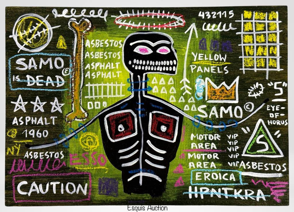 Jean-Michel Basquiat (in style) Pop Art Painting: Acrylic & Pencil Painting on thick paper in style of Jean-Michel Basquiat (1960-1988, New York). Signed and dated 1984 on verso. 11 1/2" x 8". Good Condition.