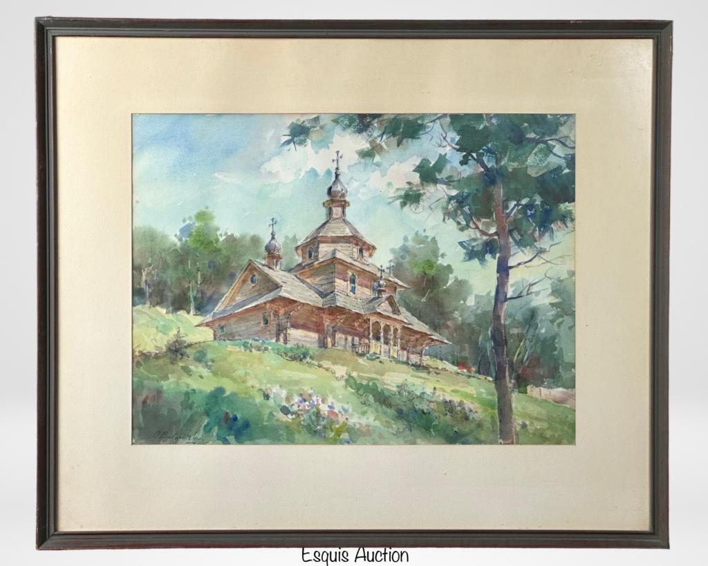 Olexa Bulavitsky- Old Ukrainian Church Watercolor: Olexa Bulavitsky (1916- 2001, Minnesota / Ukraine). Old Ukrainian Church Watercolor Painting. Signed lower left corner. 33" x 28" framed. Good Condition.