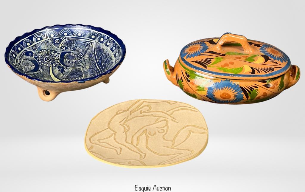 Art Pottery- Soup Casserole, Bowl, Nude Charger: Mexican Art Pottery Soup Casserole, Footed Artist Signed Bowl and Jordan Silsal Ceramics "Three Sisters" Charger. All are in good condition.