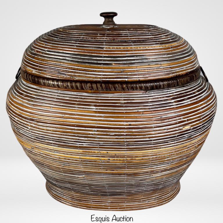 Large African Wicker & Wood Lidded Basket (1 of 4)