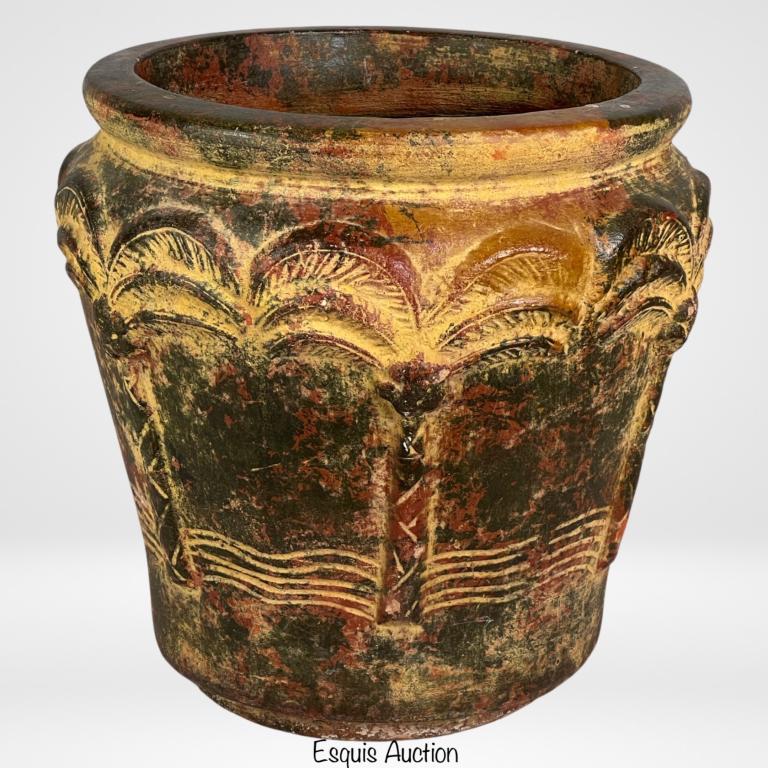 Large Clay Pottery Planter/ Pot w/ Palms (1 of 2)