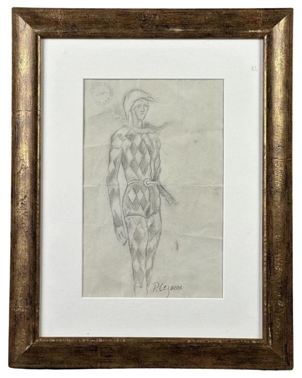 Paul Cezanne- Harlequin Pencil Drawing: Paul Cezanne (1839 - 1906/ France). Pencil Drwaing on Paper signed lower right corner. Galerie Mathias Fels stamp on verso. Measures 19" x 15" framed. Condition: Folds are visible on paper.