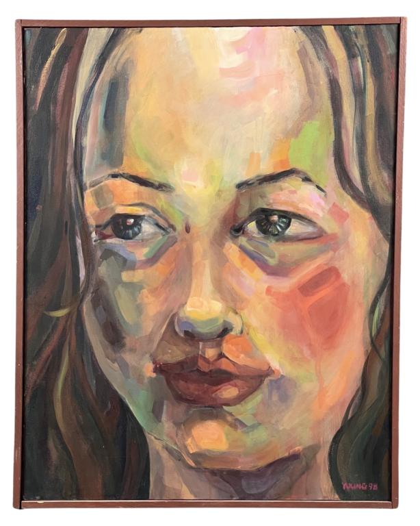 Wendy Young- Portrait of a Lady Oil Painting: Wendy Young (20th/ 21st Century, American School). Portrait of a Lady Oil on Canvas. Signed and dated '98 lower right corner. 29 x 22 3/4 framed. Good Condition.