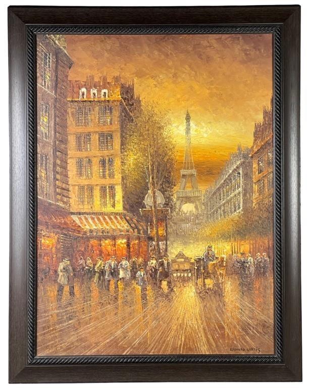 Edouard Cortes (in Style) Parisian Scene Painting: Parisian Scene Oil on Canvas in style of Edouard Leon Cortes (1882-1969/ France), Signed lower right corner. 50" x 39" framed. Good Condition.