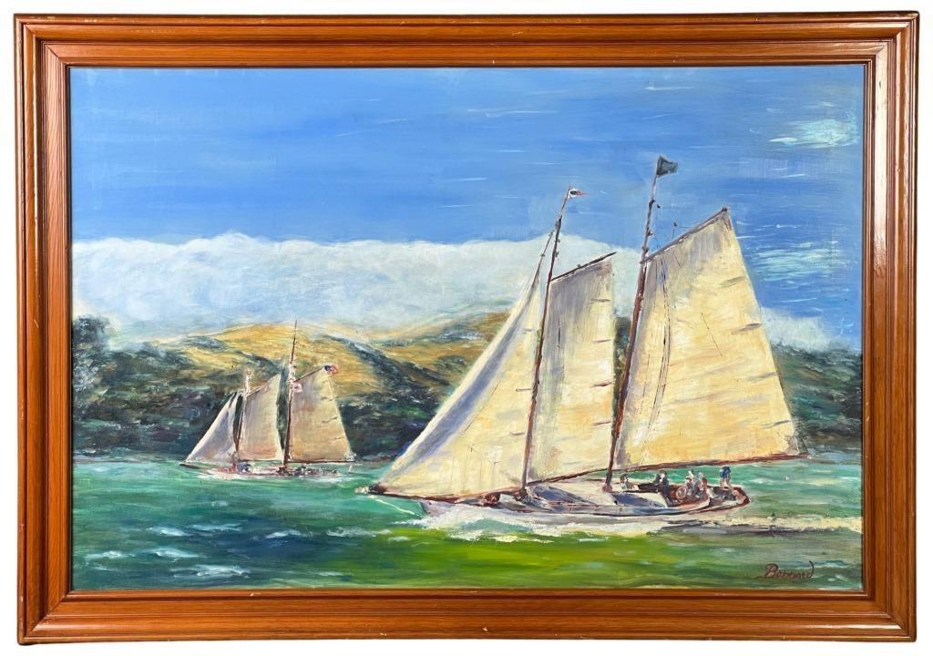 Pierre Bonnard (in style)- Sailboats Oil Painting: Sailboats Nautical Oil on Canvas in style of Pierre Bonnard (1867-1947/ France). Signed "Bonnard" lower right corner. 40 1/2 x 28 framed. Good Condition.