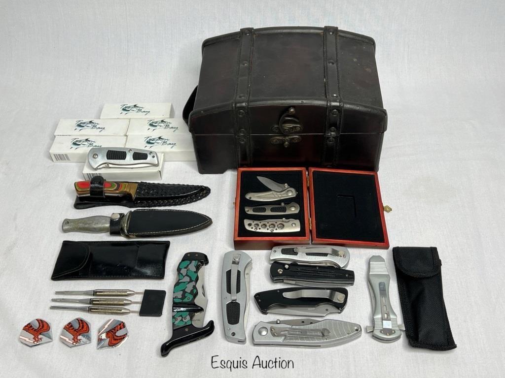 Group of Pocket Knives in Chest: Chest with Pocket Knives and Darts Set.