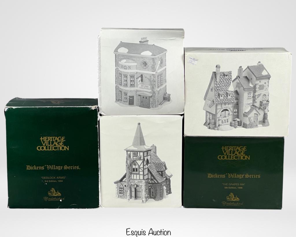 Department 56 Dickens Village Christmas Cottages: Lot of Department 56 Dicken's Village Series Christmas Cottages including "King's Road Post Office", "Old Michaelchurch", "Fagin's Hide-a-way""Dedlock Arms" and "The Grapes Inn". All are in original b