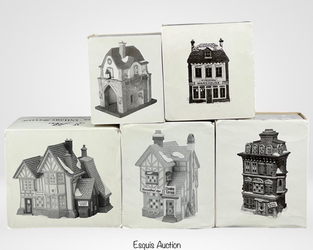 Department 56 Dickens Village Christmas Cottages: Lot of Department 56 Dicken's Village Series Christmas Cottages including "Hembleton Pewterer", "Bumpstead nye Cloakc & Canes", "Gate House", "The Flat of Ebenezer Scrooge" and "Fezziwig's Warehouse".