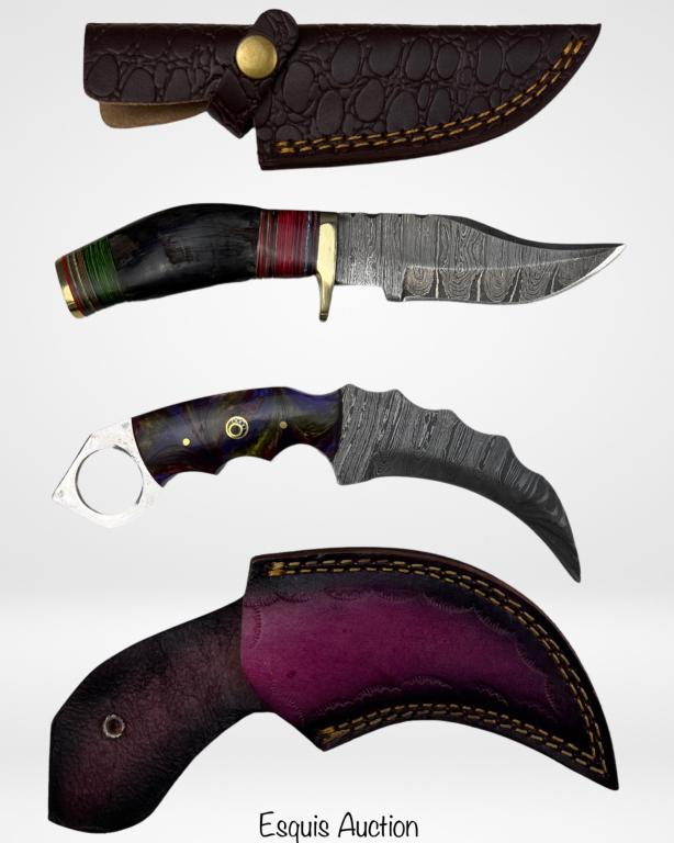 Two Hand Forged Damascus Steel Daggers/ Knives: Two Hand Made Damascus Steel Hunting Knives. Knives are made from several layers of 1095 and 15N20 Steel Folded Multiple Times Creating between 228 and 512 layers to Form Beautifully Unique Patterns.