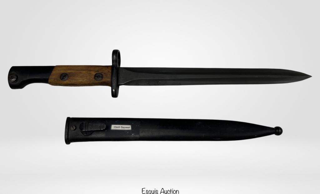 WWII Belgian FN49 SA30 Bayonet and Scabbard: WWII Belgian FN49 SA30 Bayonet and Scabbard. Full length 14". Good overall condition.