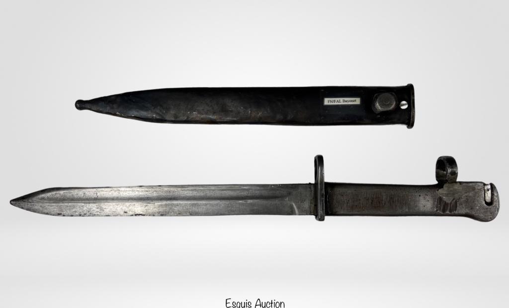 Turkish Ersatz FAL Battle Rifle Bayonet w Scabbard: Turkish Ersatz FAL Battle Rifle Double Muzzle Ring Bayonet with Scabbard. Full length 15".