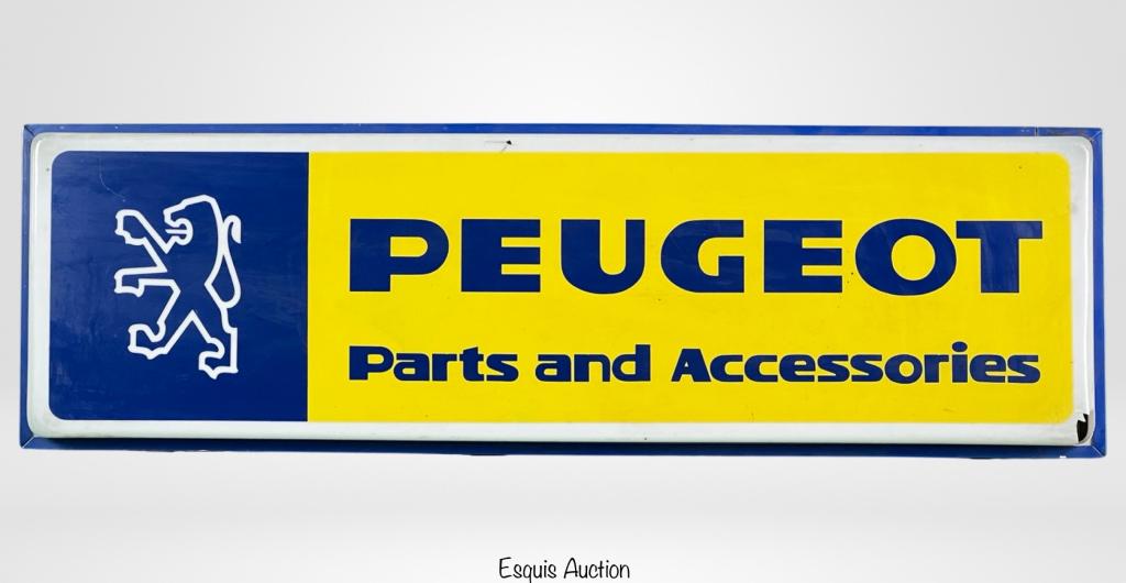 Peugeot Parts & Accessories Light Up Wall Sign: Peugeot Parts & Accessories Light Up Wall Sign. 37" x 11" x 5". Has small damage on plastic in the corner, needs new bulb.