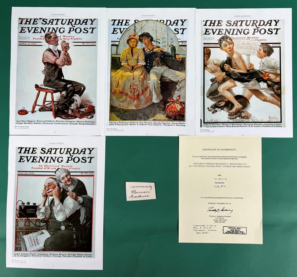 Norman Rockwell Autograph/ Signature & Art Book Pa: Norman Rockwell Autograph/ Signature Cut with 4 Art Book Pages. Comes with Certificate of Authenticity. Condition: Good. PLEASE READ BEFORE BIDDING: Esquis Auctions does not have specialists on signat