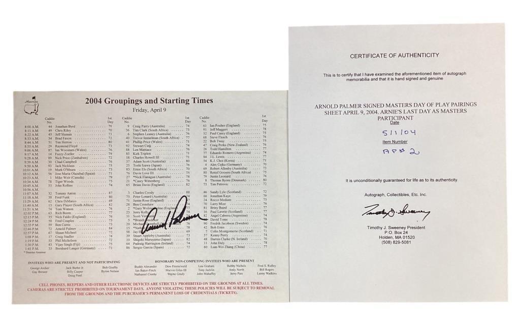 Arnold Palmer Autographed Golf Masters Pairings Sh (1 of 4)