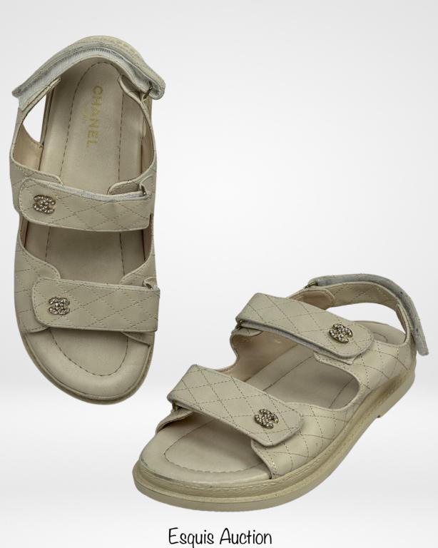 Chanel Quilted Diamond CC Strap Dad Sandals Sz8.5: Chanel Quilted Diamond CC Strap Dad Sandals. Size- 8.5. Mint/ Near Mint condition. READ BEFORE BIDDING: Esquis Auction does not have specialists on designer purses, handbags, shoes and accessories and