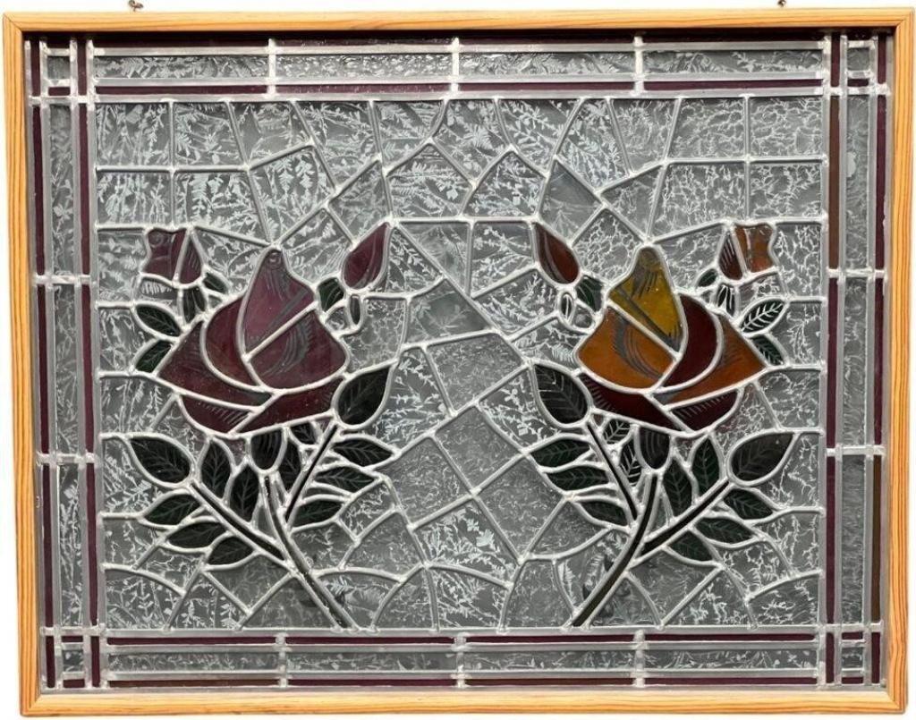 Vintage Stained Glass Window Panel w/ Rose Flowers (1 of 2)