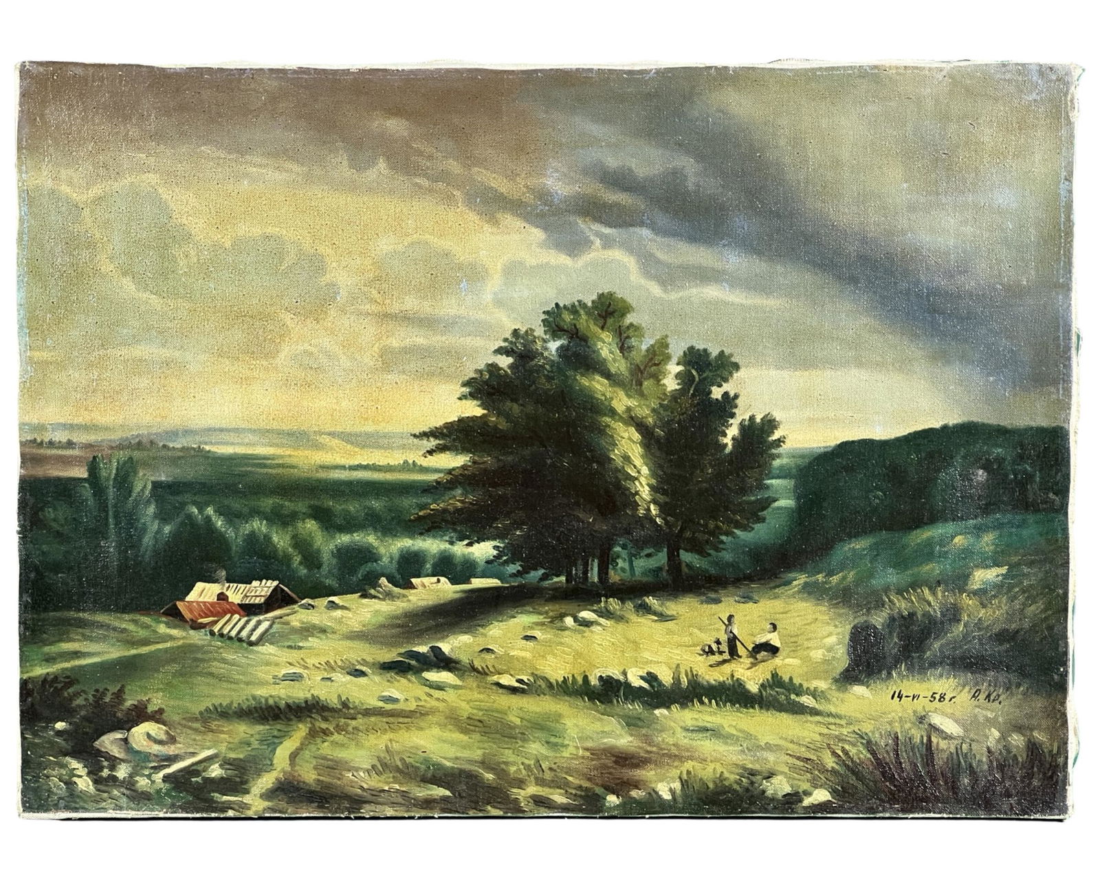 Unknown Artist- Pastoral Scene Oil Painting- 1958 (1 of 3)