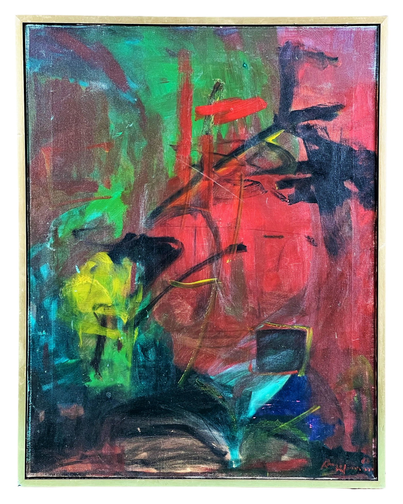 Abstract Oil Painting in manner of Hans Hofmann: Abstract Expressionist Painting in manner of Hans Hofmann (1880-1966/ USA, Germany). Signed with Siganture used by Hofmann lower right corner. Oil on Canvas in wooden framed. 28" x 22" framed. This pi