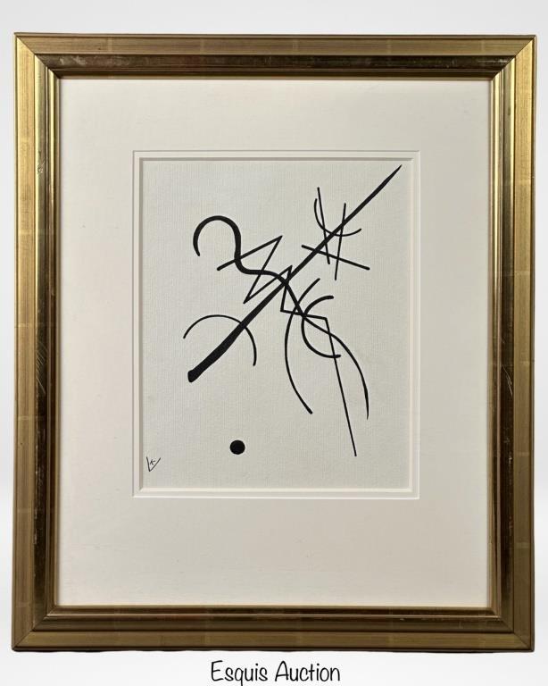 Modern Art Drawing in style of Wassily Kandinsky: Modern Art Drawing in style of Wassily Vasilievich Kandinsky (1866-1944, Russia/ France). Signed lower left corner. 21" x 18" framed. Good Condition.