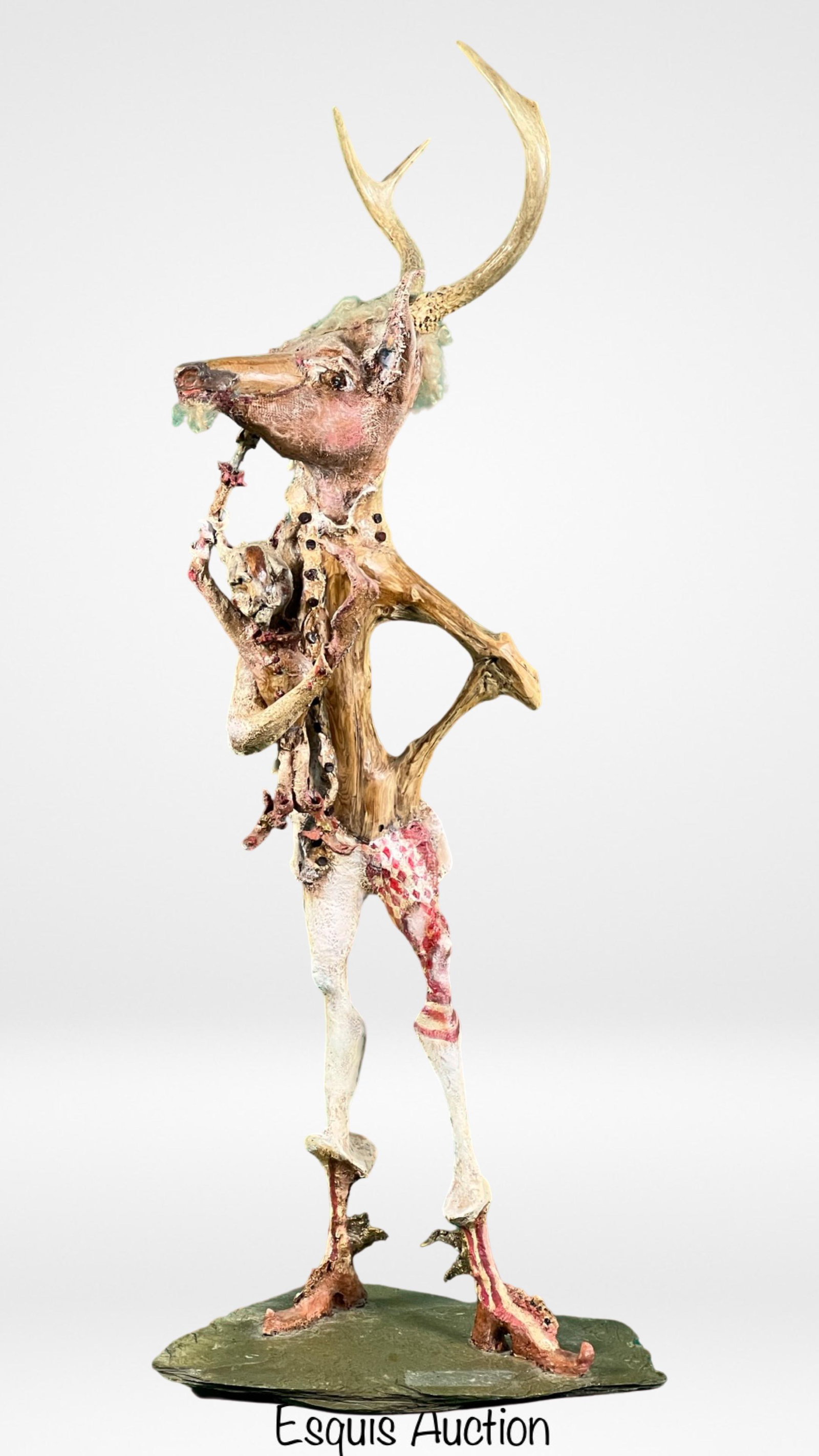 Diana McNish- Anthropomorphic Deer Sculpture: Diana McNish (1930-2021/ Illinois). One of a Kind Anthropomorphic Deer Sculpture made of Friftwood, Fiberglass and Found objects. Created in 2000 as per Artist's website. 38" x 14. Good Condition. Inh