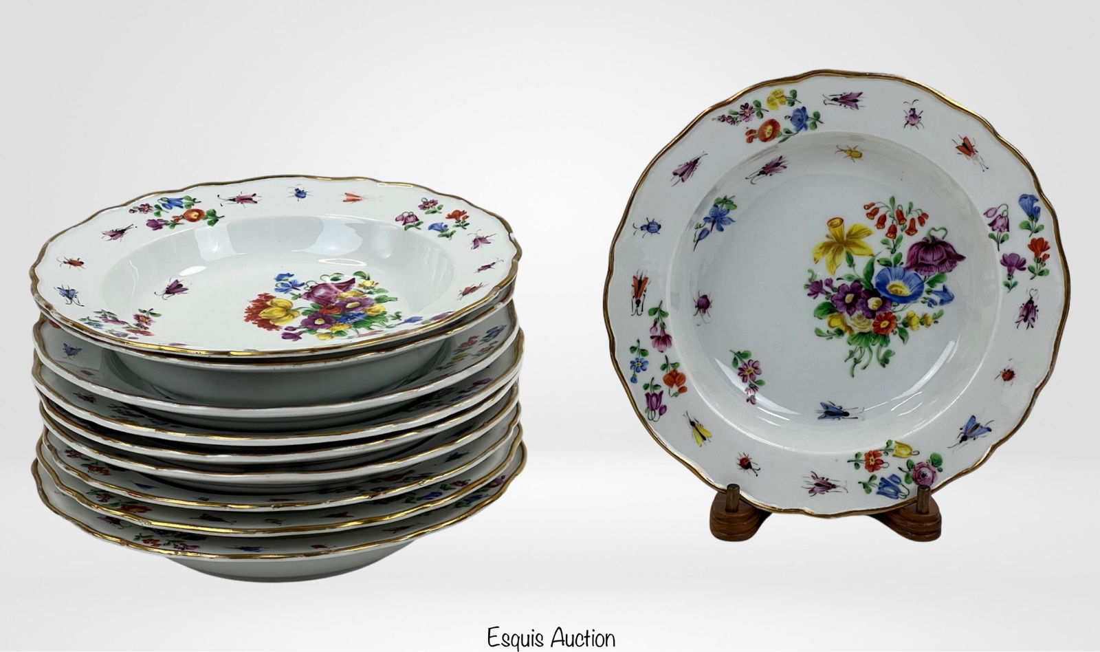 Meissen Porcelain Floral Design Deep Plates- 10: Set of 10 early 1900's Meissen Porcelain Floral Design Deep Plates. 9 3/8" in dia. Good overall condition with no chips, some show a bit wear to gold trim