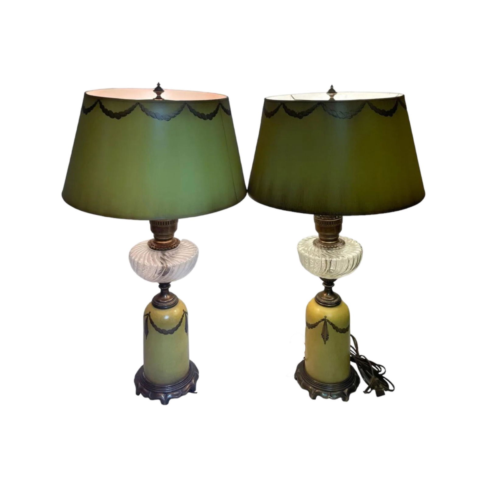 (2)FREDERICK COOPER French Neo Classical Lamps: (2)FREDERICK COOPER French Neo Classical Hand Painted Gold Swirl Crystal Enamel.One Lamp Have Some Loose Painting Like In Picture.Overall In Good Condition.Size 28 Inch High And The Shade Is 12 Inches