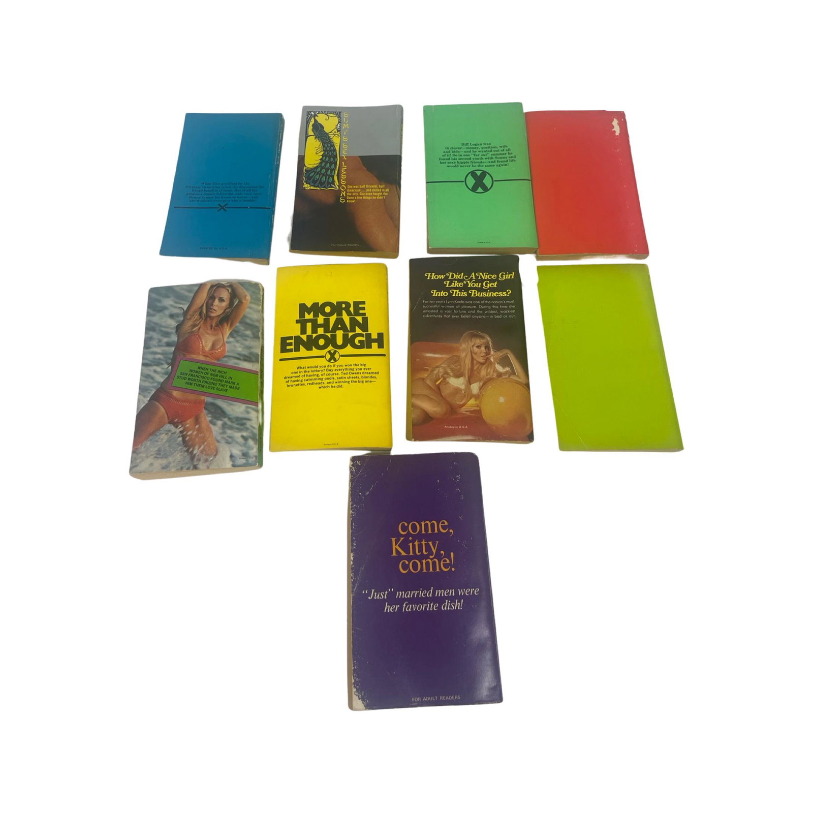 Lot Of 8 Vintage Novels Erotic Romance Books: Lot Of 8 Vintage Novels Erotic Romance BooksGood Condition Overall!!! Not Missing Pages!!!Including French Job,Geisha Love,The Harem,Hot Cream For Kitty,Summer Heat,Waters Of Desire