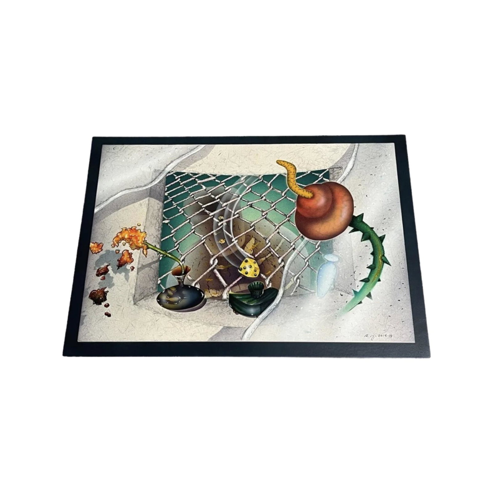 Signed R.J PAINTING ABSTRACT CUBIST SURREALISM: Signed R.J PAINTING On Board ABSTRACT CUBIST Abstract MODERNISM SURREALISM .Measurments 26x18 inches.Good Condtition!!!