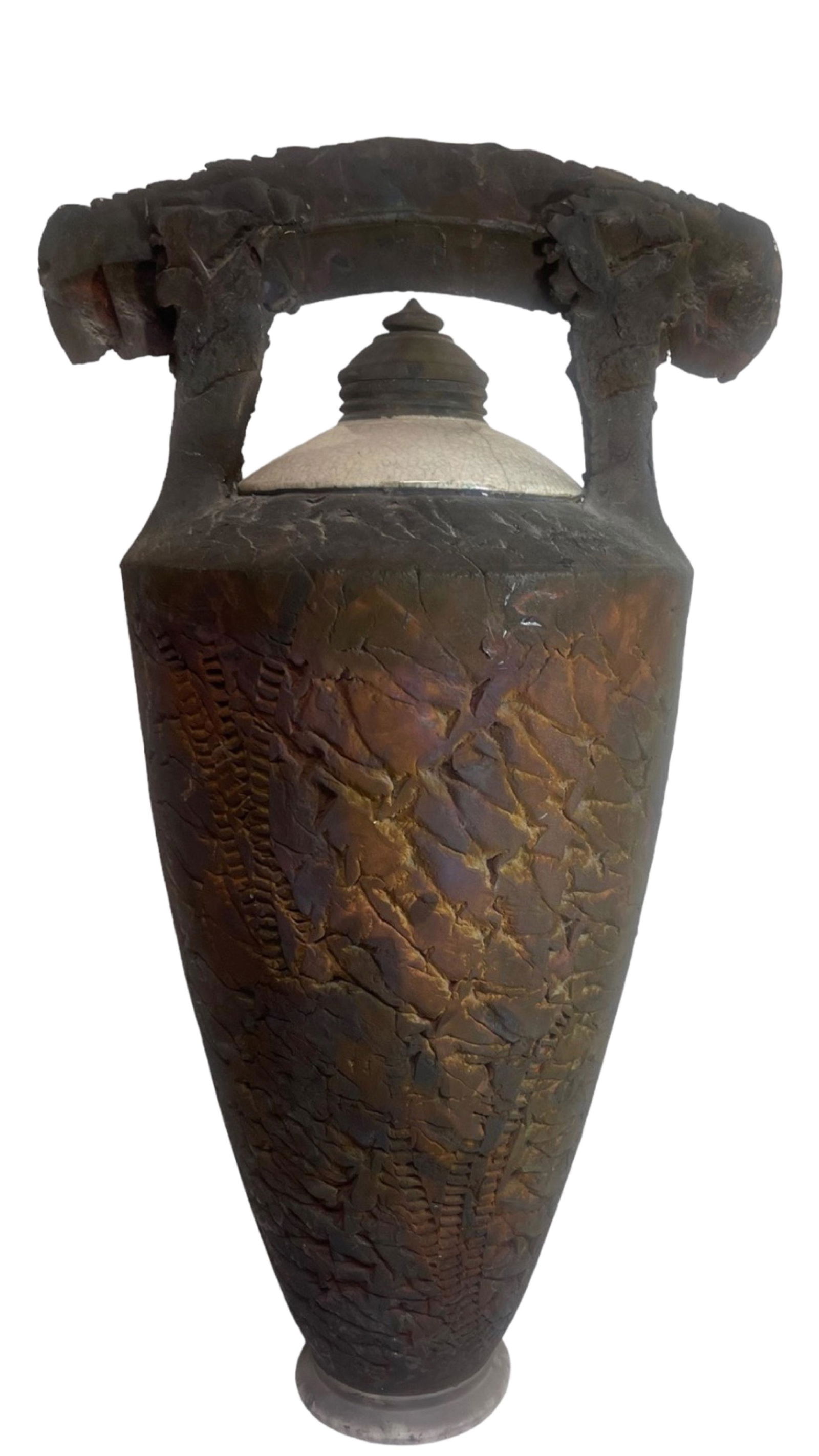 Huge Stuning Vintage Raku Fired Brutalist Urn: Huge Stuning Vintage Raku Fired Brutalist Urn!!!Good Condition!!!Beutiful Colors,Huge Size 27x15 Inches!!!
