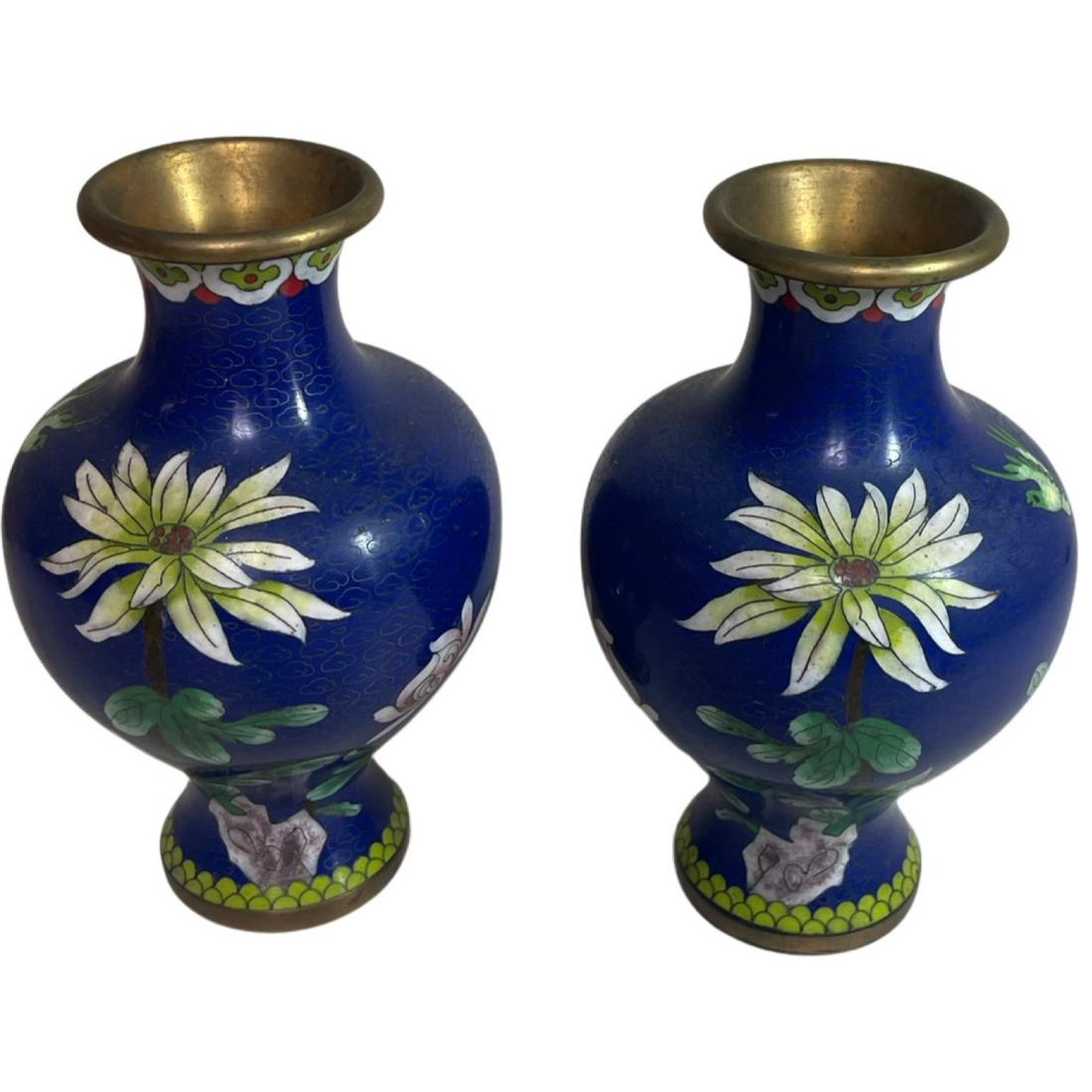 Pair Vases Chinese Cloisonne Enamel Floral Bird (1 of 4)