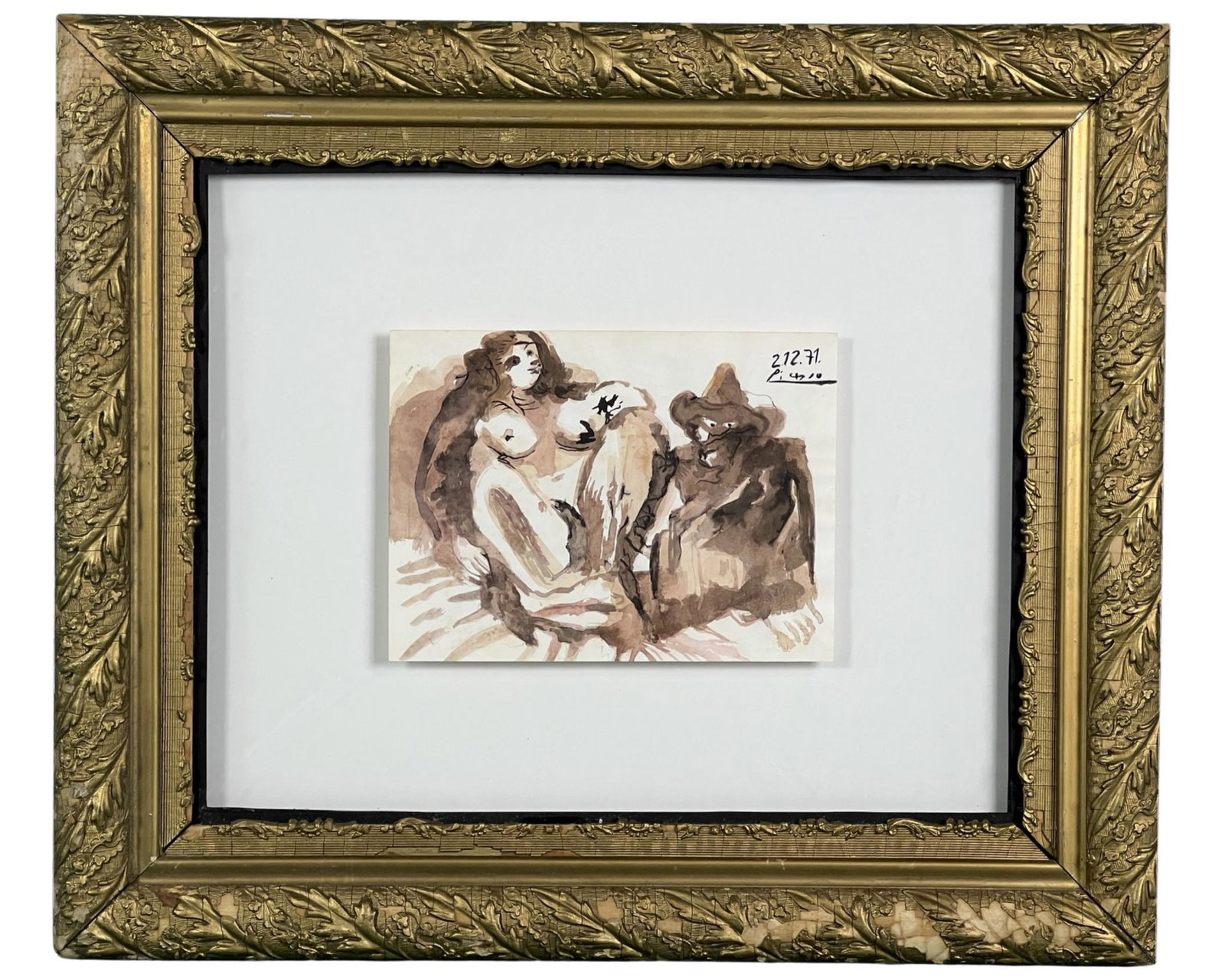 Pablo Picasso (in style) - Nude Watercolor Drawing: Nude Watercolor & Washed Ink Drawing in style of Pablo Picasso (1881-1973/ Spain, France). Signed and dated 02/12/77 upper right corner. "Galleries Art Louise Leiris" and "Certified Authenti France" s