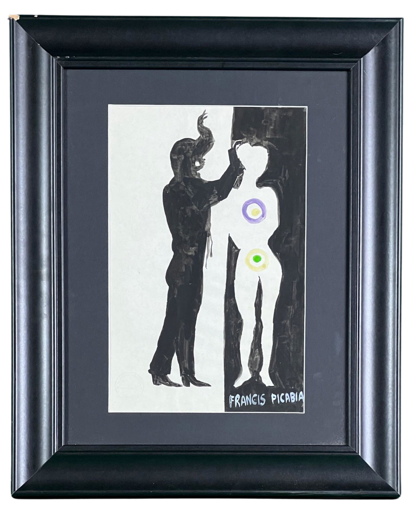 "La Nuit Espagnole" in manner of Francis Picabia: "La Nuit Espagnole" or "Spanish Night" Original Watercolor Drawing on Paper in manner of Francis Picabia (1879-1953, New York / France). Signed lower right. "New York Gallery" Stamp on Verso. 20" x 16