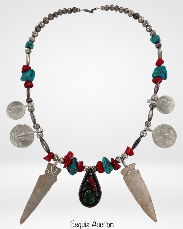 Native American Sterling Necklace- Coins & Turquoi (1 of 8)
