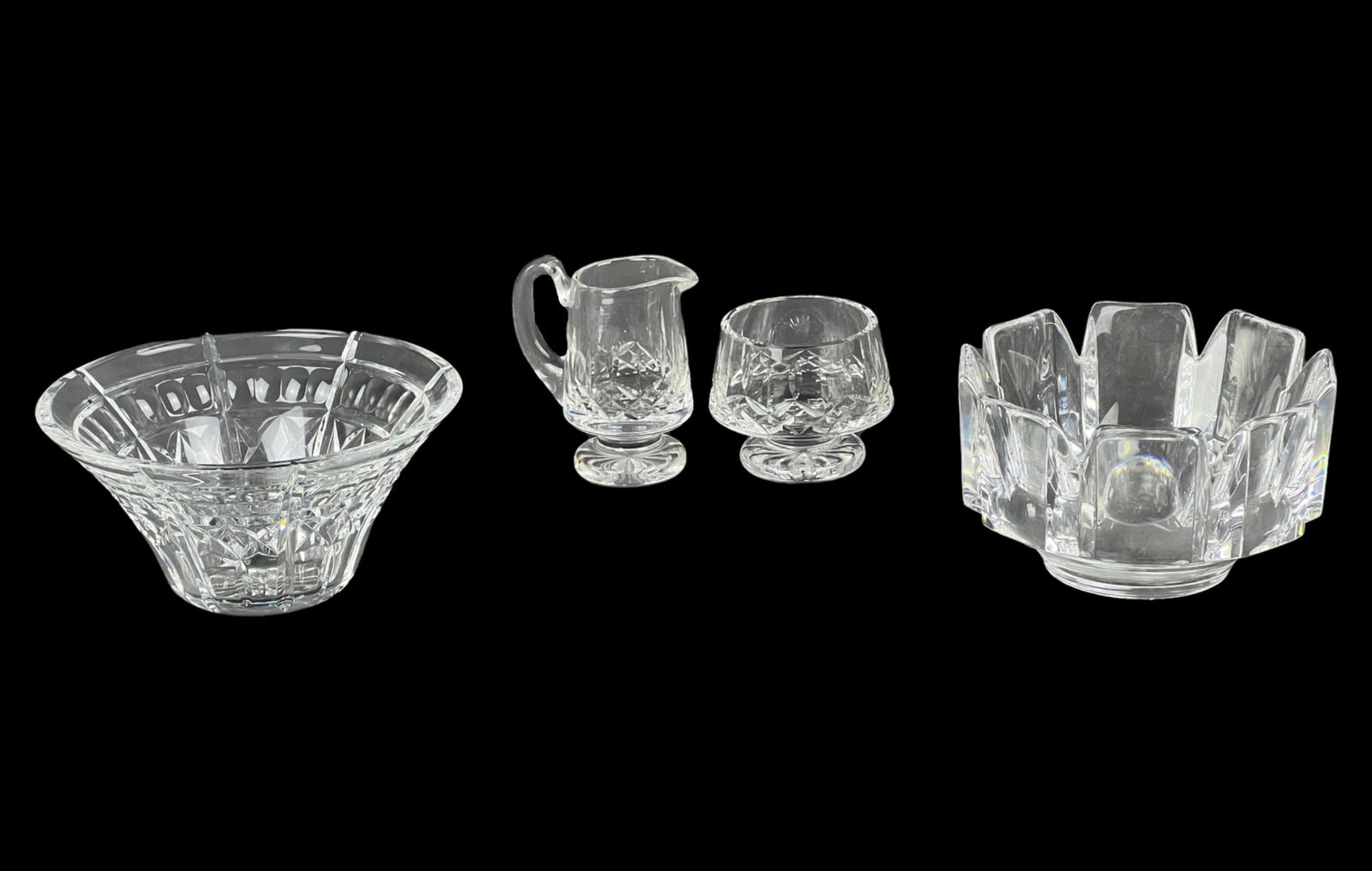 Waterford & Orrefors Crystal Glass Bowls & Sugar C: Wtaerford Lismore Sugar Bowl and Creamer, Waterford 8" Welcome Bowl and Orrefors 7" Corona Bowl. Alla re in good condition.
