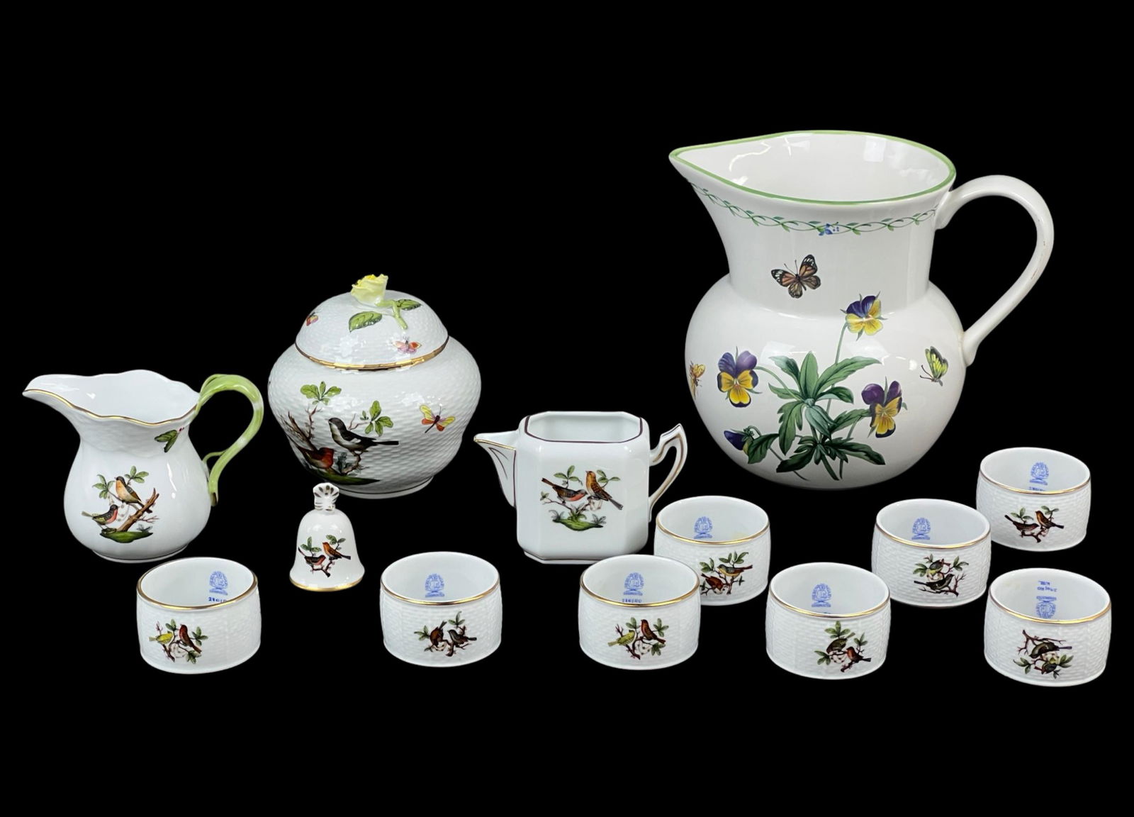 Herend Rothschild Birds Sugar Bowl, Creamer, Napki (1 of 6)