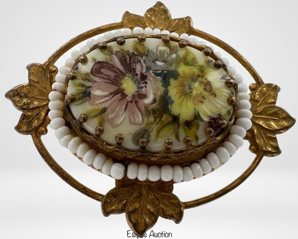 Miriam Haskell Vintage 1960s Brooch/ Pin: Miriam Haskell Vintage 1960s Gold Tone White Glass Beaded Painted Floral Brooch. 2" x 1 1/2". Good Condition.