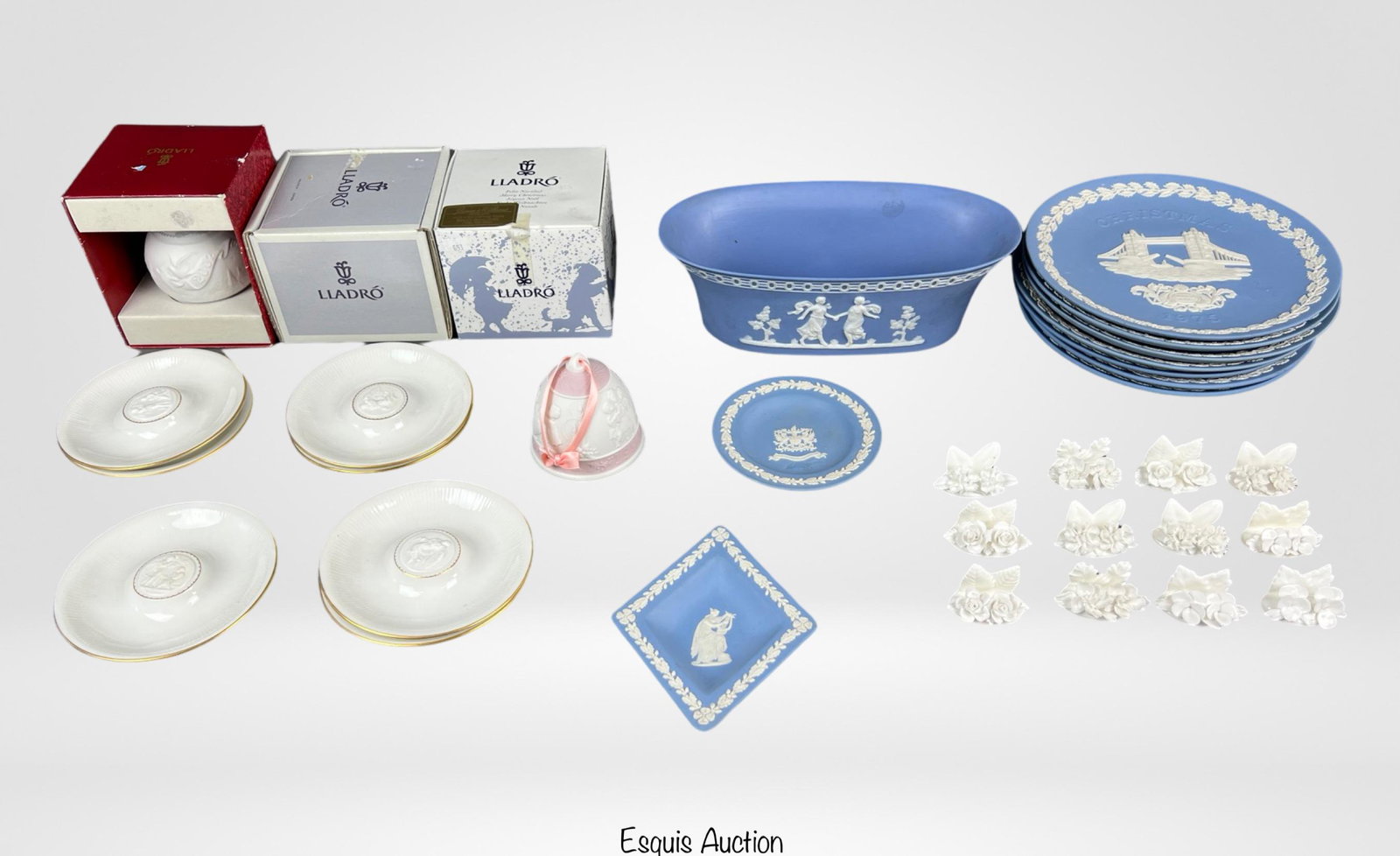 Wedgwood, Lladro, B&G Porcelain: Group of Wedgwood Christams Plates, Wedgwood Ashtrays, Wedgwood earlier 20th Century 1912 Planeter (small chip on side). Set of Coalport Bone China Place Card Holders. Set of B&G Porcelain Ashtrays. L