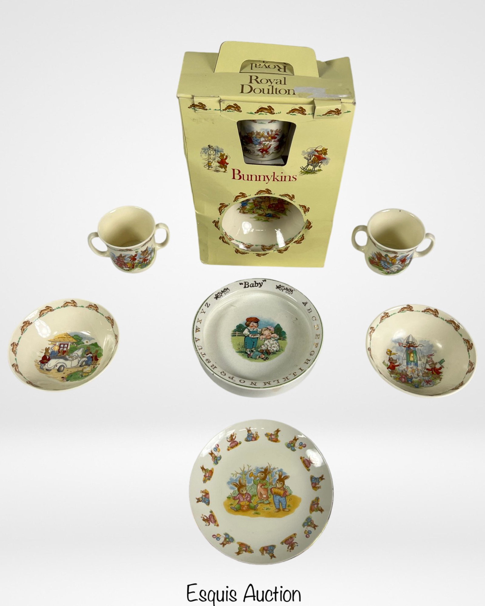 Royal Douldon Bunnykins Kids Bowls & Mugs: Royal Douldon Bunnykins Kids Bowls & Mugs. One Complete set in original box plus loose pieces. Come with Antique Alphabet Bowl. All are in good condition.