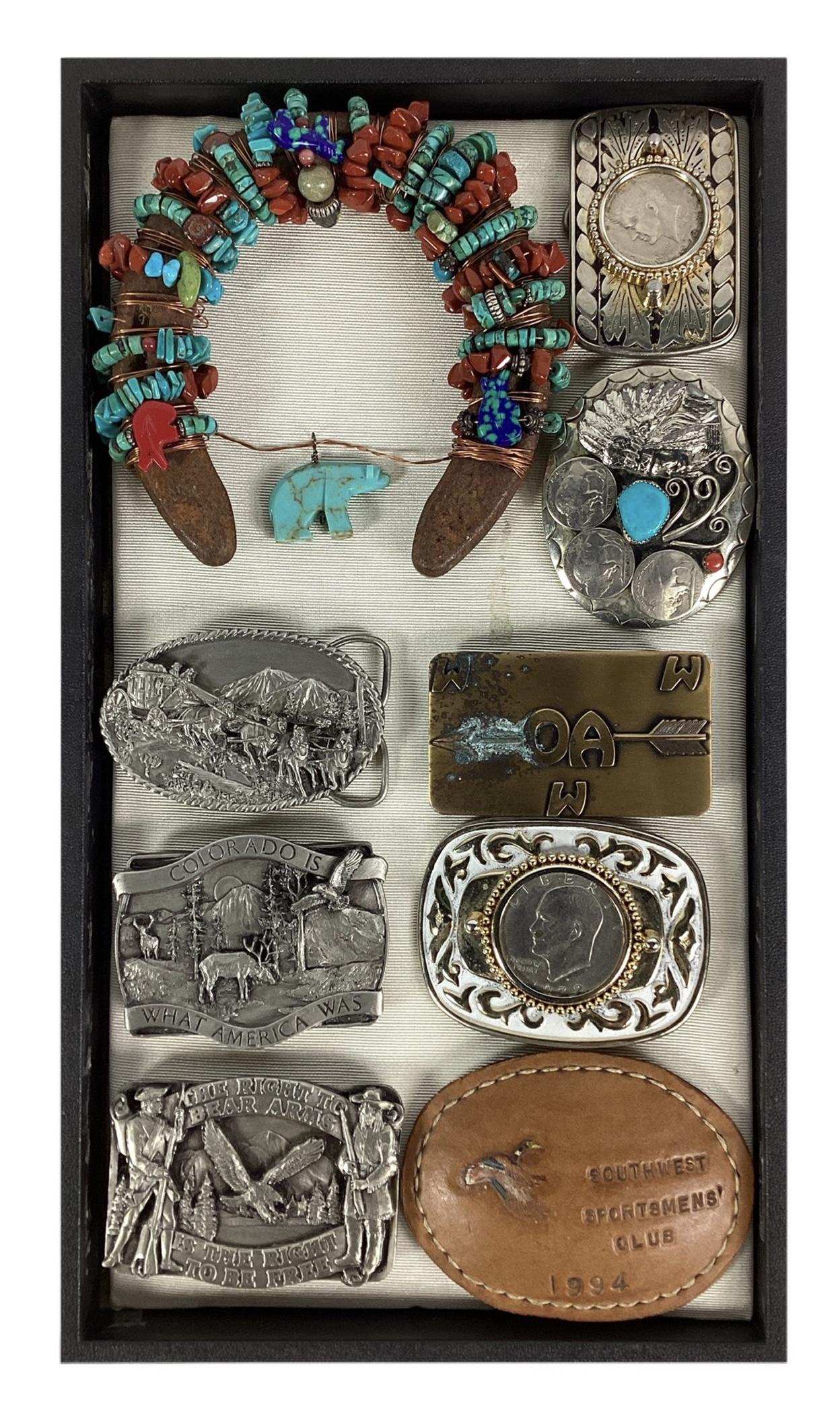 Lot of Vintage Southwest style Belt Buckles: Lot of mostly Vintage Southwest style Belt Buckles and "Good Luck" Horse SHoe with Turquoise.