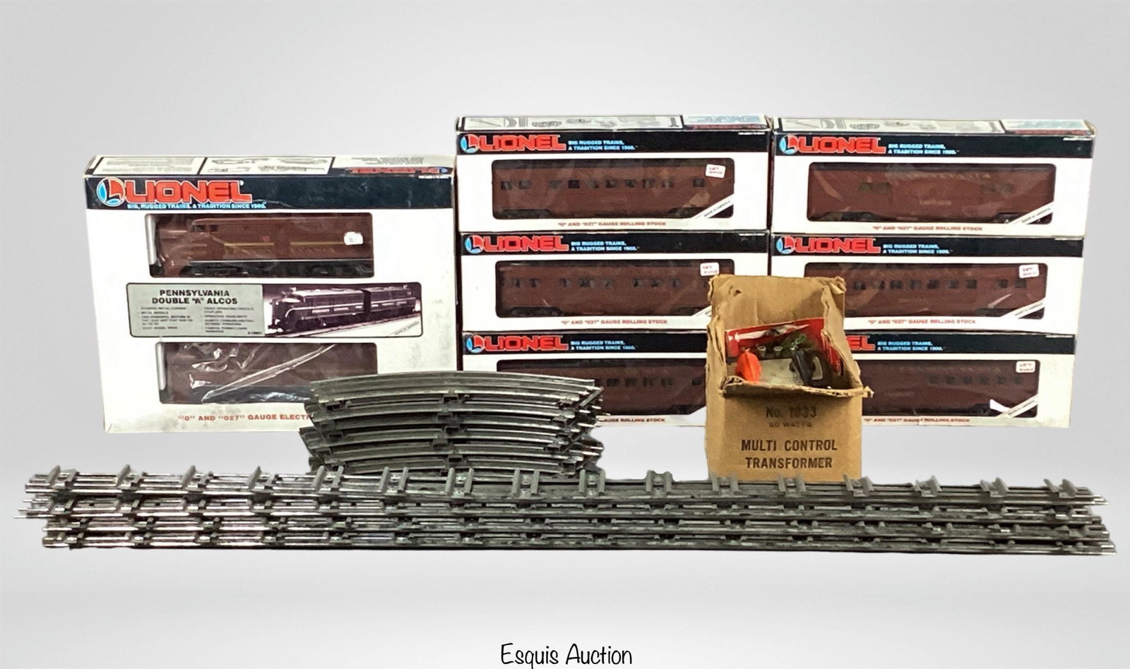 Lionel Pennsylvania Double "A" Alcos Train Set: Lionel Pennsylvania Double "A" Alcos Train Set including 6-18901, 6-16000, 6-16001, 6-16002, 6-16003, 6-16009 and 6-16022. Come with train tarcks and Multi Control Transfomer. ) "O" Gauge. Locomotives
