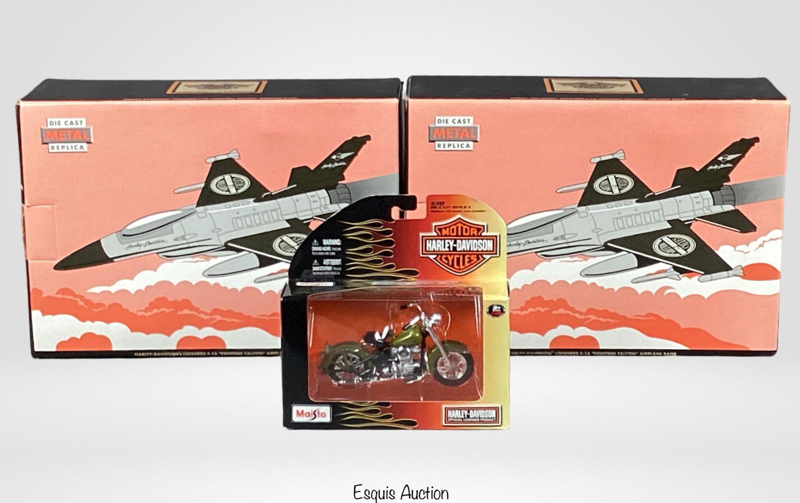 Harley Davidson Die-Cast F-16 Fighter Jets & Bike: Two Harley-Davidson Lockhead F-16 Fighting Falcon Airplane Die-Cast Banks and Harley-Davidson Die-Cast Bike by Majesto. All mint.